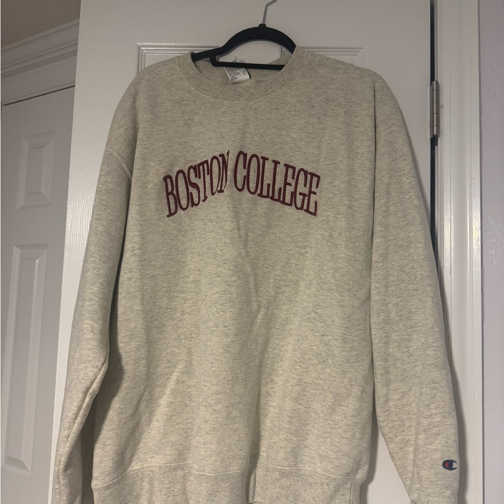 Champion Men's Crewneck Sweater in Cream with Boston College Logo